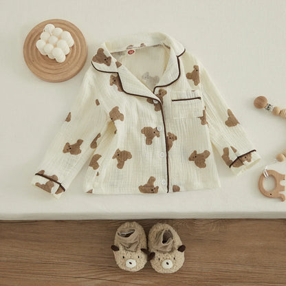 VISgogo Kids Unisex Cotton Linen Pajama Set - Bear Print Long Sleeve Top & Pants, Casual Spring Outfit