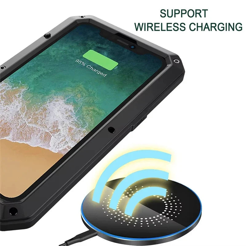 Heavy Armor Metal Rugged Case for iPhone 16/15/14/13/12/11 Pro Max/XR/XS/8 Plus – Shockproof Premium Cover with Gorilla Screen Protector