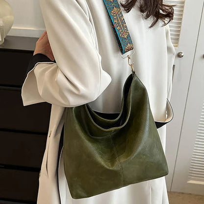 Wide Geometric Strap Shoulder Bag - Large Capacity Crossbody PU Leather Bag for Women, Retro Style for Shopping and Travel