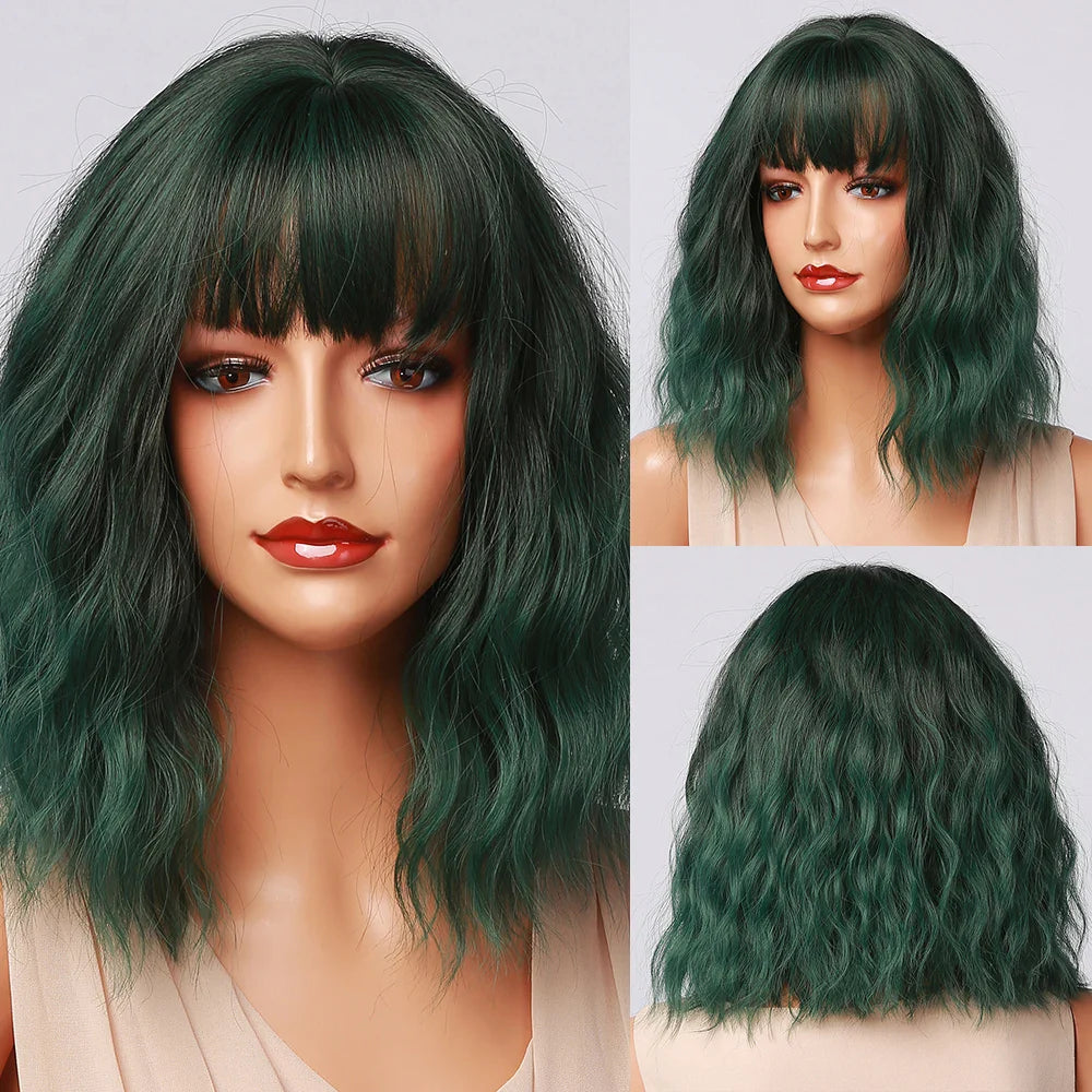 Short Wavy Green Synthetic Wig for Women – Green Cosplay Bob Wig with Bangs, Lolita Party Hair, Heat-Resistant Natural Fake Hair
