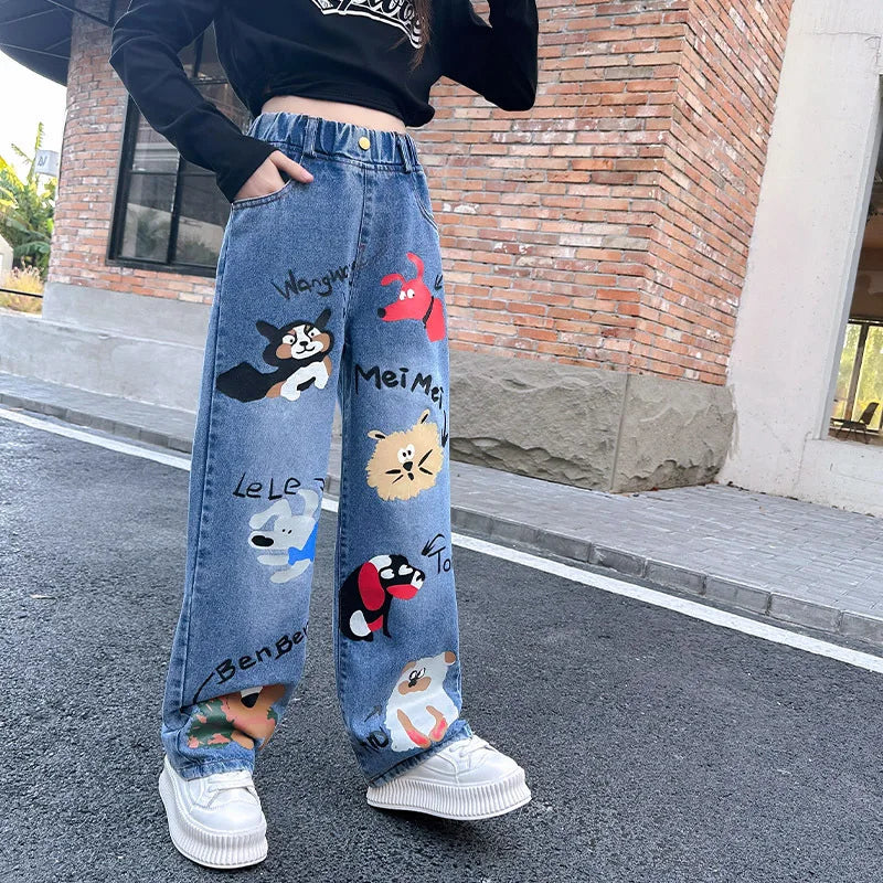 New 2024 Teenage Girls’ Blue Street Cartoon Jeans – Elastic Mid-Waist Loose Wide-Leg Denim Pants for Spring Fashion