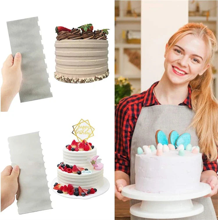 LMETJMA 10" Stainless Steel Cake Scraper – Double-Sided Patterned Edge Smoother & Pastry Cutter JT160