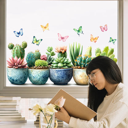 Succulent & Cactus Window Clings - Removable Potted Plant and Butterfly Wall Stickers