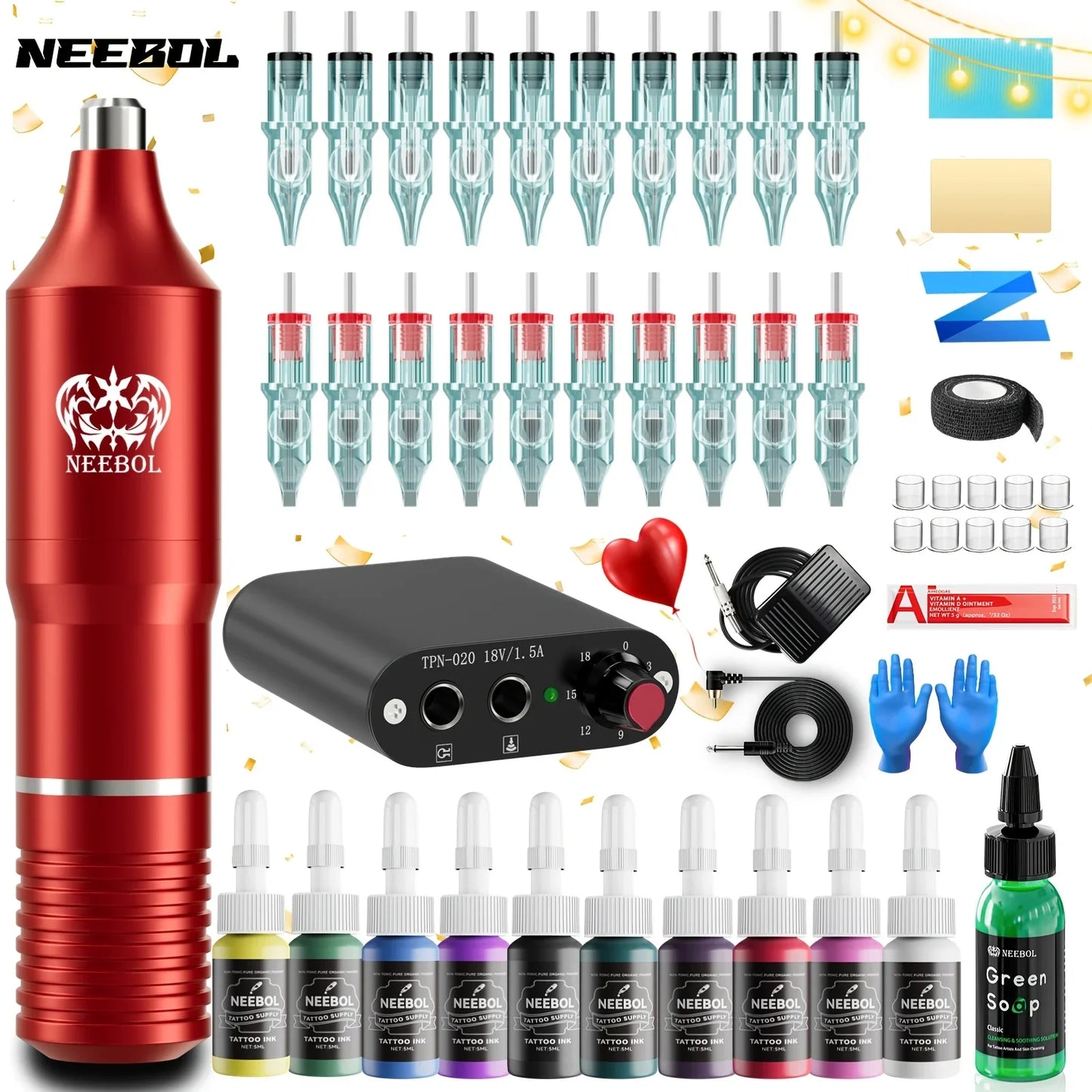 Neebol Wireless Tattoo Machine Kit — Complete Rotary Pen Set with Cartridges, Needles, Ink for Body Art & Valentine’s Gift