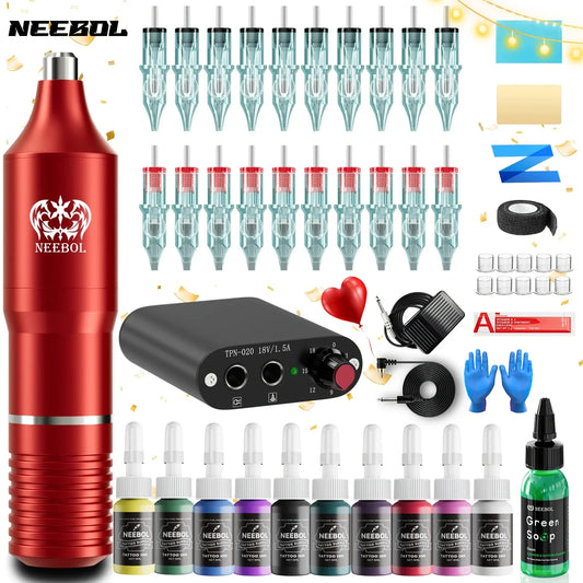 Neebol Wireless Tattoo Machine Kit — Complete Rotary Pen Set with Cartridges, Needles, Ink for Body Art & Valentine’s Gift