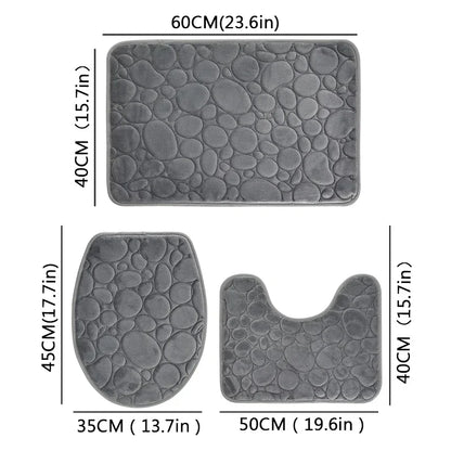 Solid Color Bathroom Floor Mat Set – Water-Absorbing, Non-Slip Stone Pattern, Comfortable & Soft 3-Piece Set