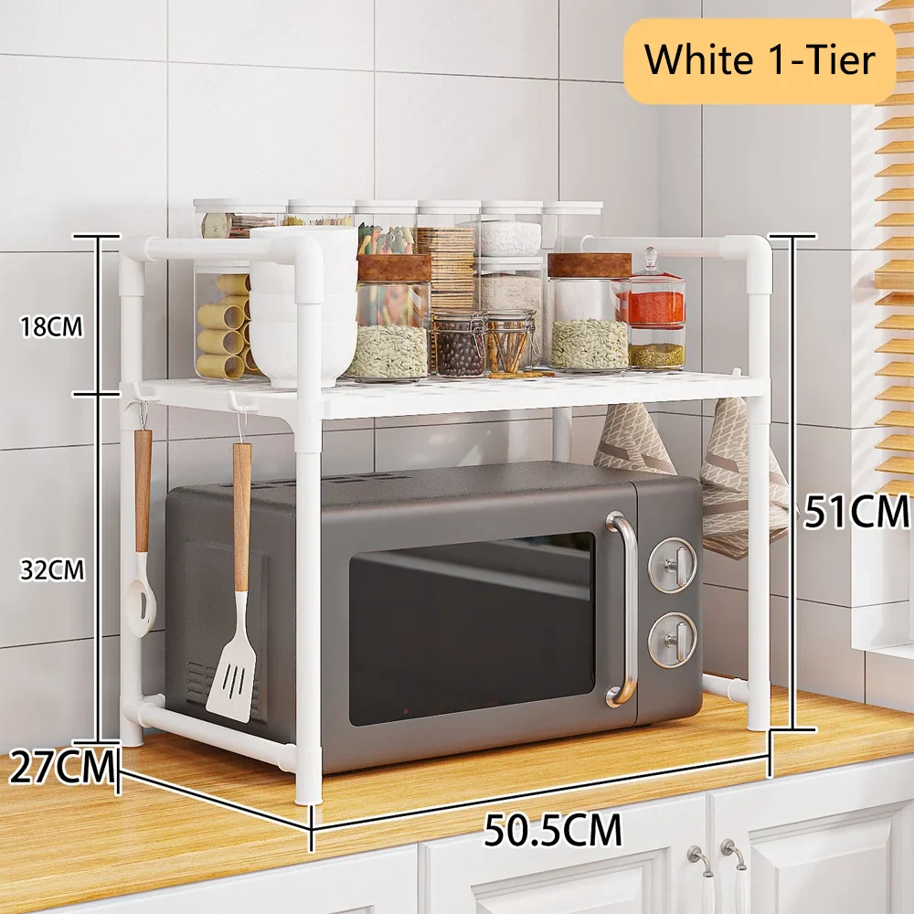 Extra Wide 2-Tier Microwave Stand — Heavy-Duty Kitchen Shelf with Handrail Hooks, Non-Slip Rack for Oven, Toaster & Spices