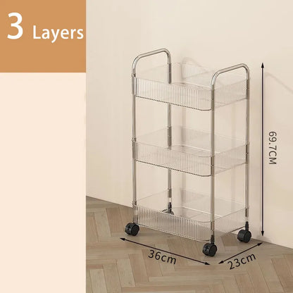 Mobile Shelf with Wheels - Multi-Layer Storage Rack Home Trolley, 2/3/4 Tiers Rolling Cart for Snacks, Cosmetics, and Sundries Organizer
