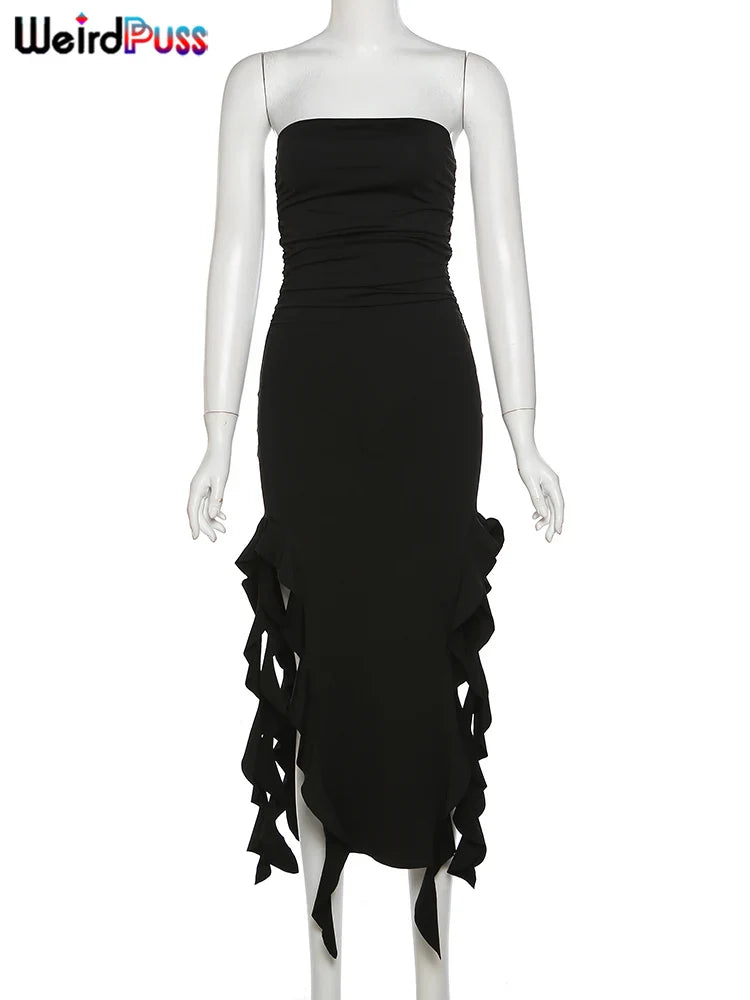 Elegant Strapless Dress: Women's Irregular Tassel Summer Trend - Weird Puss Skinny Split Maxi Bodycon for Birthday Party Clubwear