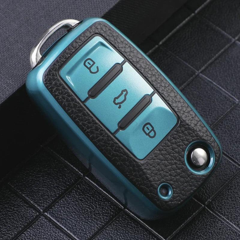 TPU Leather Car Key Case - Compatible with Volkswagen VW Bora, Polo, Tiguan, Jetta, Passat B5 B6 B7, Golf 5 6, Beetle, Skoda Octavia