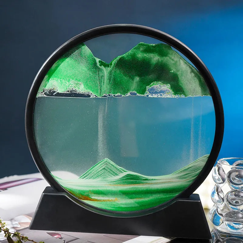 3D Round Glass Deep Sea Sandscape - Moving Sand Art Hourglass, Flowing Quicksand Craft Painting for Office and Home Decor