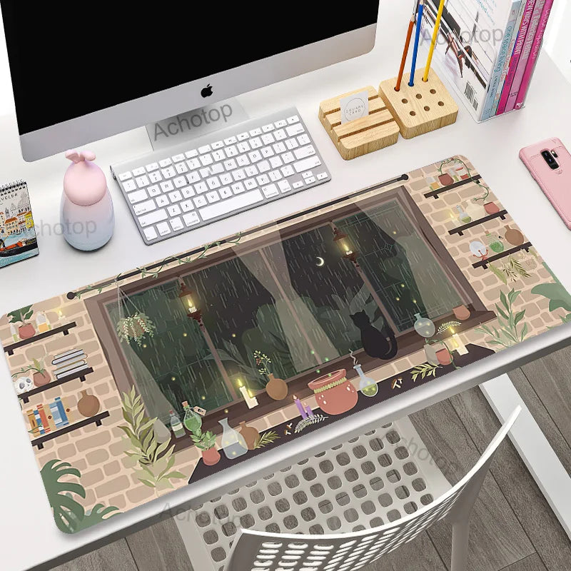 Cute Cat Gaming Mouse Pad - XL Green Plant Design XXL Desk Mat for Keyboard Computer Laptop Gamer Setup