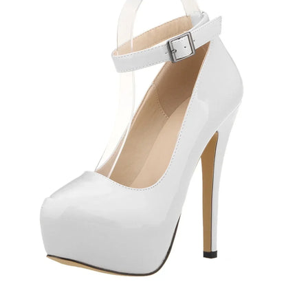 Women’s Patent Leather Stiletto Pumps – 14cm High Heels with Buckle Ankle Strap, Sexy Wedding & Fashion Shoes, Size 44