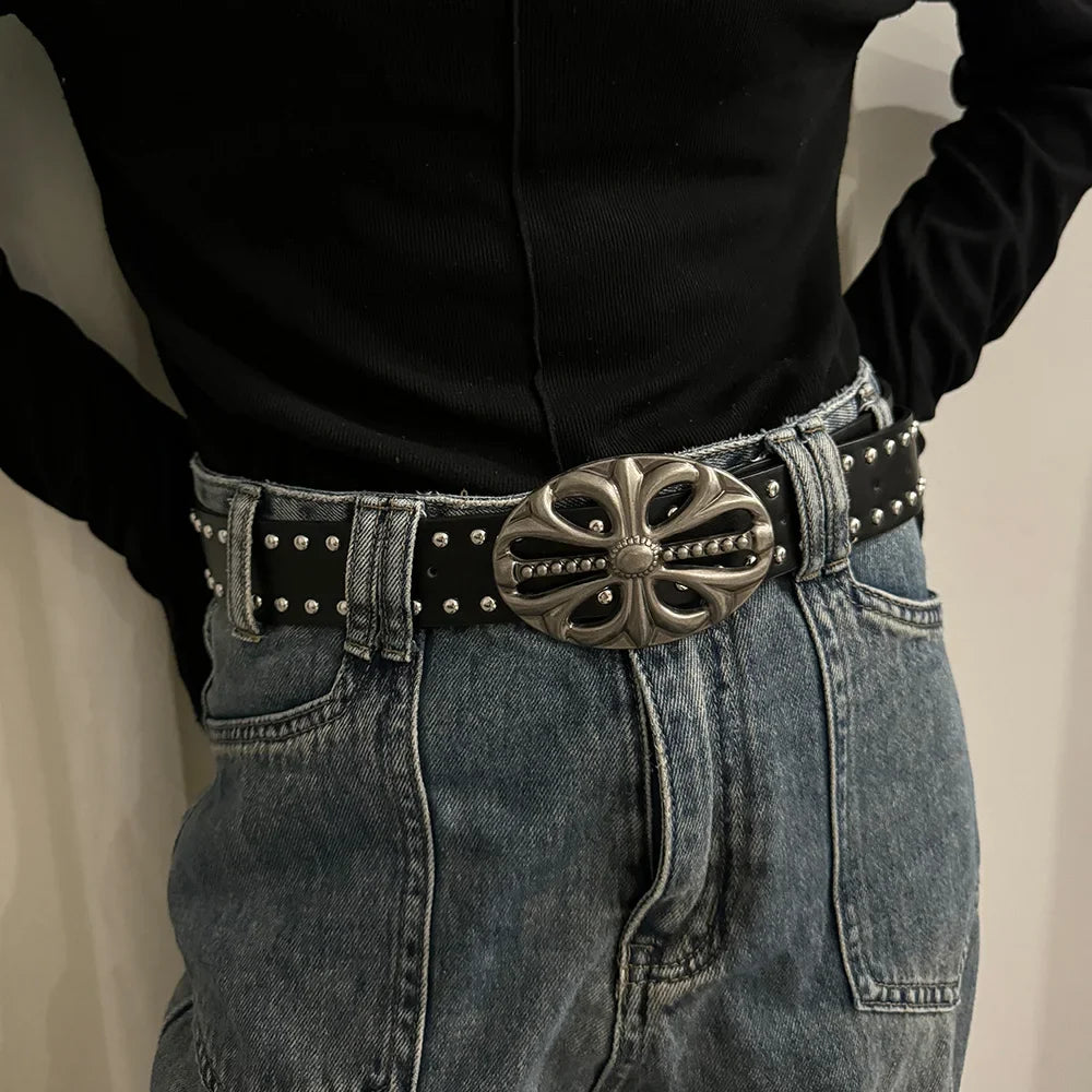 Unisex Punk Gothic Jeans Belt - Wide Hollow Cross & Heart Rivet Waistband for Women and Men