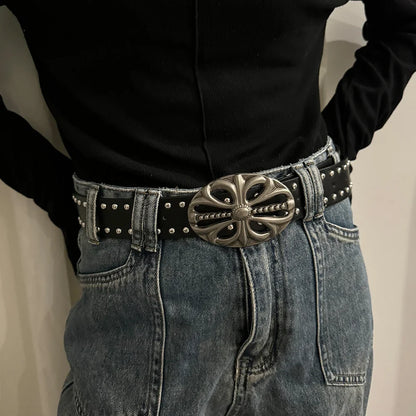 Unisex Punk Gothic Jeans Belt - Wide Hollow Cross & Heart Rivet Waistband for Women and Men