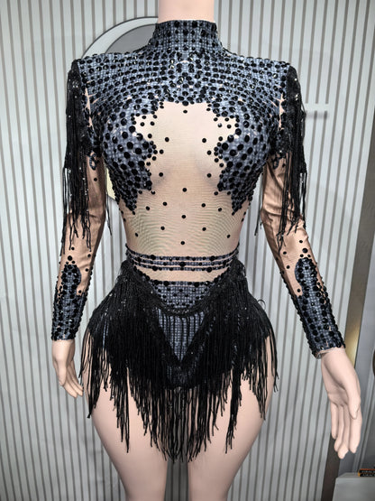 Sparkly Blue Rhinestone Leotard - One-Shoulder Fringe Bodysuit for Dance, Stage & Performance