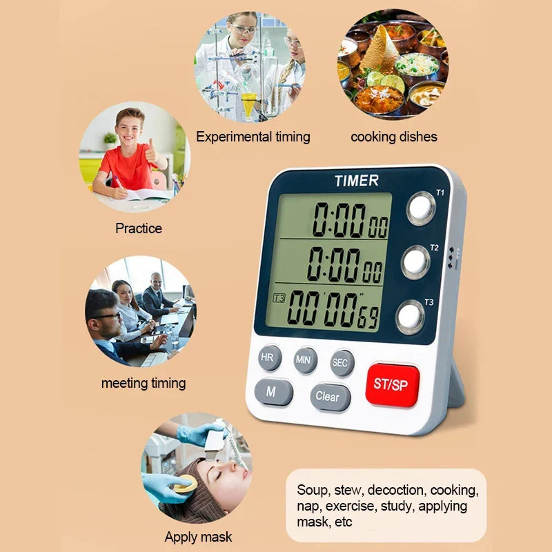 3 Channel Digital Kitchen Timer – Count Up/Down with LCD Display, Adjustable Volume & Mute Flashing Alarm