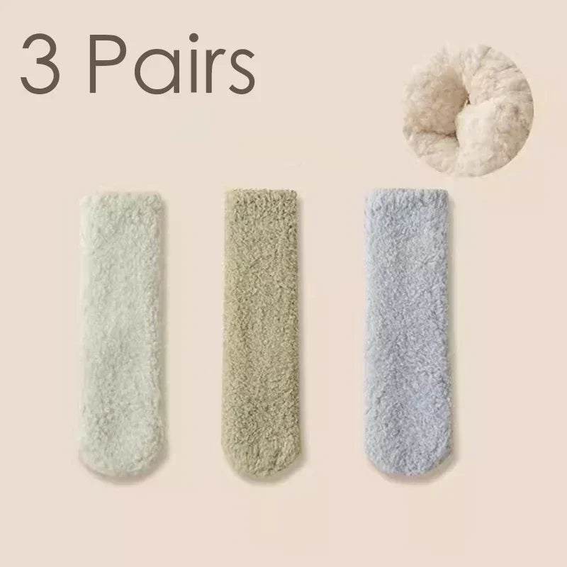 3 Pairs Unisex Plush Slipper Socks — Thick Winter Coral Fleece Cozy Mid-Calf Socks for Couples