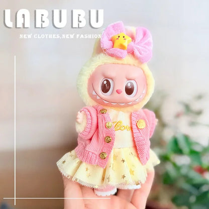 17cm Labubu Doll Clothes — Macaron Outfit Set with Hair Accessories | Cute DIY Gift for Kids