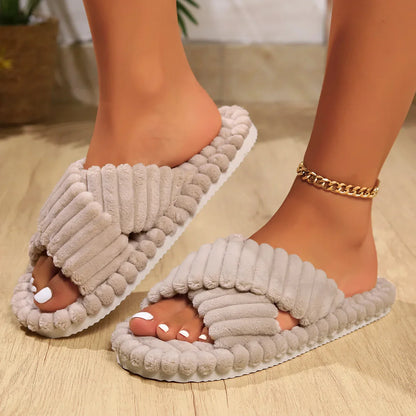 Women’s Fall/Winter Cross Strap Slippers – Comfortable Indoor Fleece Slip-On House Slippers for All Seasons