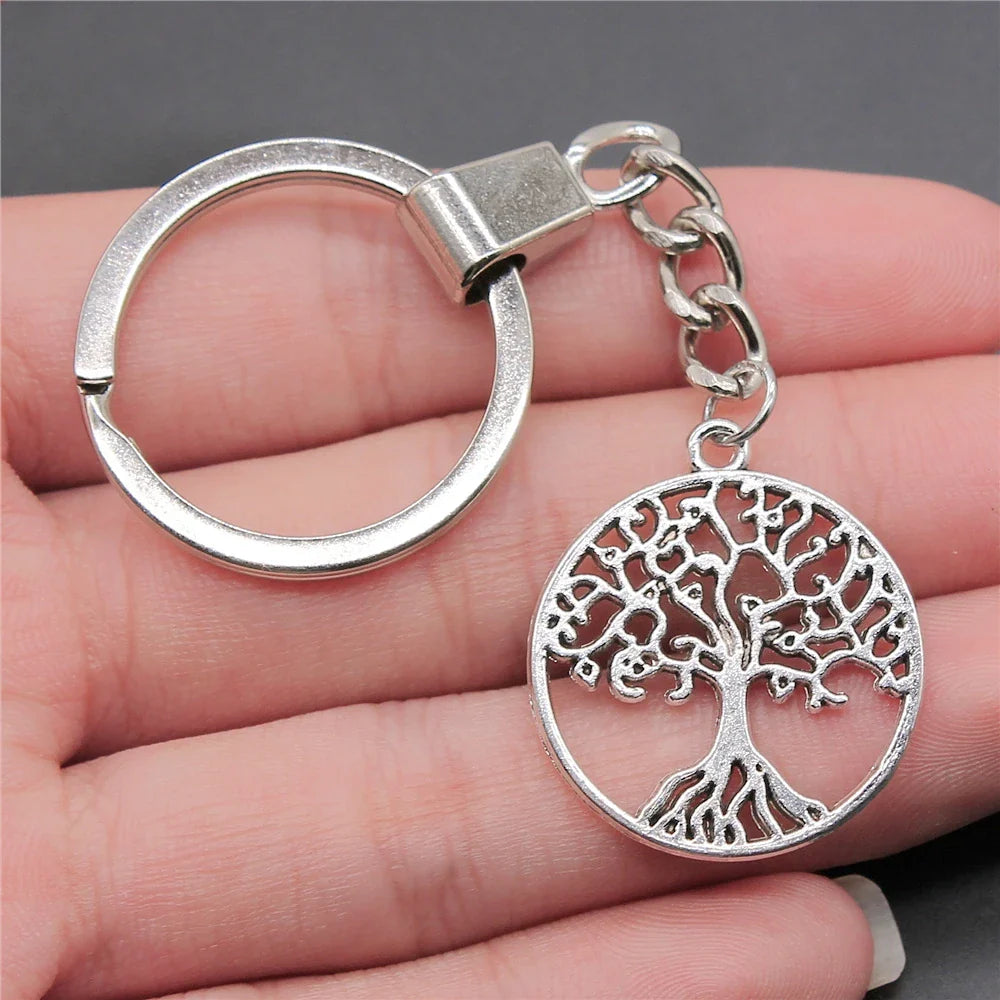 New Fashion Men 30mm Metal Alloy Keychain with Vintage Heart, Flower, Rose, Sunflower & Tree Pendant DIY Keyring Holder Chain Accessory