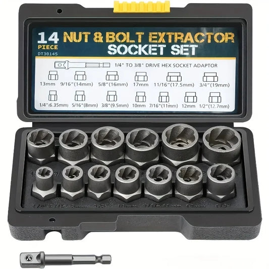 14pcs Damaged Impact Socket Set — Nut & Bolt Extractor/Remover, Chrome Molybdenum Steel with Storage Box