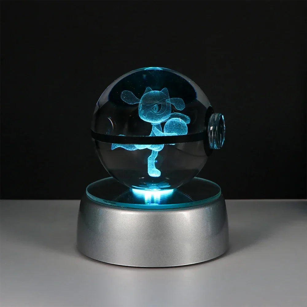 Pokémon 3D Crystal Ball LED Night Light – Pikachu Gengar Eevee Mewtwo Pokéball Base Lamp Kids Birthday & Home Decor Gift