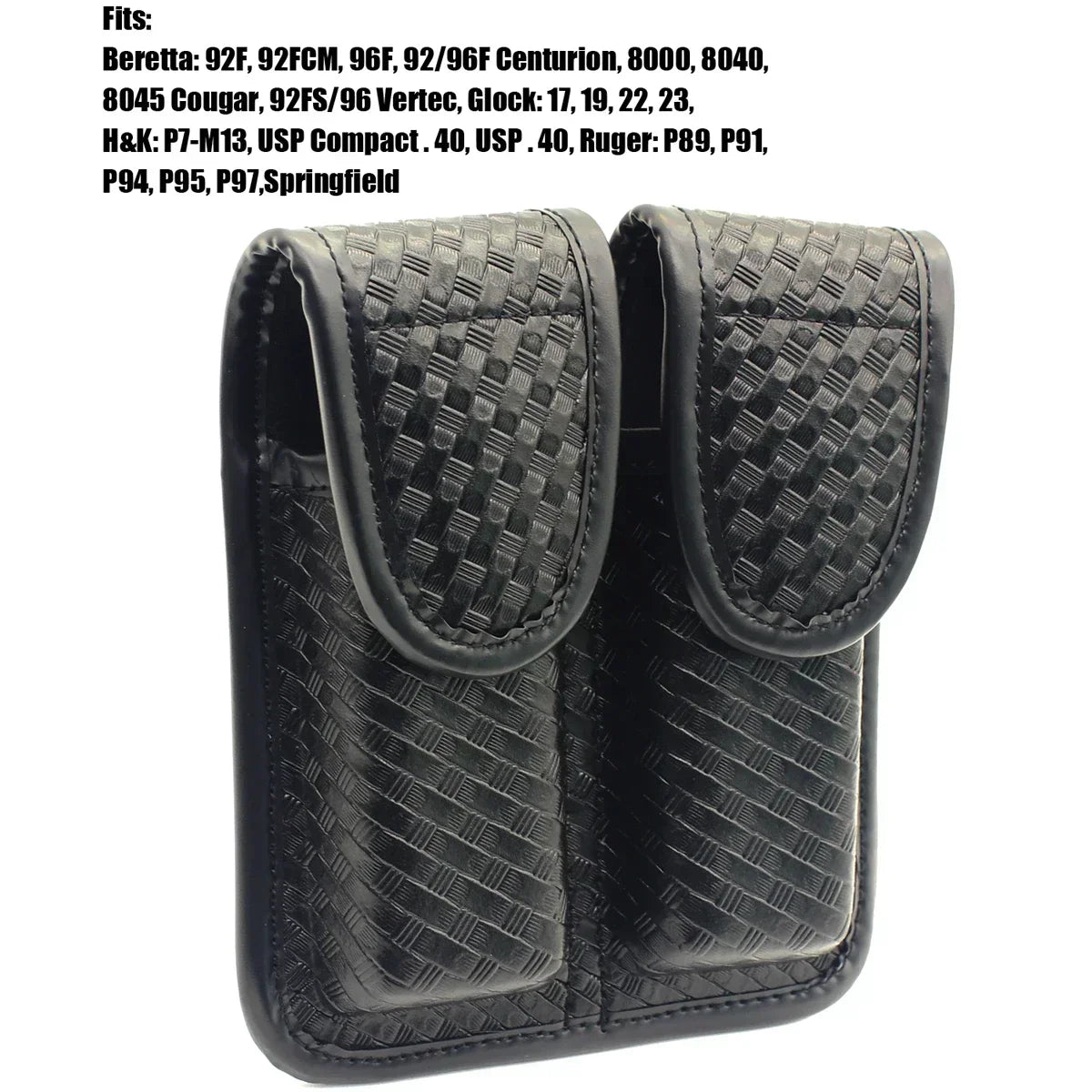 Tactical Black Basketweave Double Magazine Pouch - Leather Handgun Mag Holder with Snap Closure