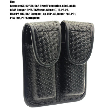 Tactical Black Basketweave Double Magazine Pouch - Leather Handgun Mag Holder with Snap Closure