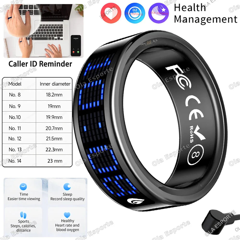 Smart Ring with Display Screen & Touch Control – Call ID Reminder, Tasbih Counter, Health Manager, 5ATM Waterproof Multi-Sport Mode Fitness Ring for Men & Women