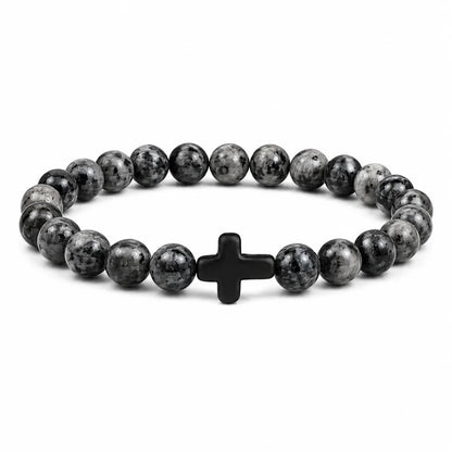 Natural Stone & Wood Bead Rosary Bracelet - Hematite Cross Meditation & Yoga Jewelry for Men & Women