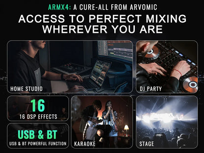 ARVOMIC 4-Channel DJ Audio Mixer – USB Interface, Bluetooth, 16 DSP Effects & 3-Band EQ (ARMX-4)