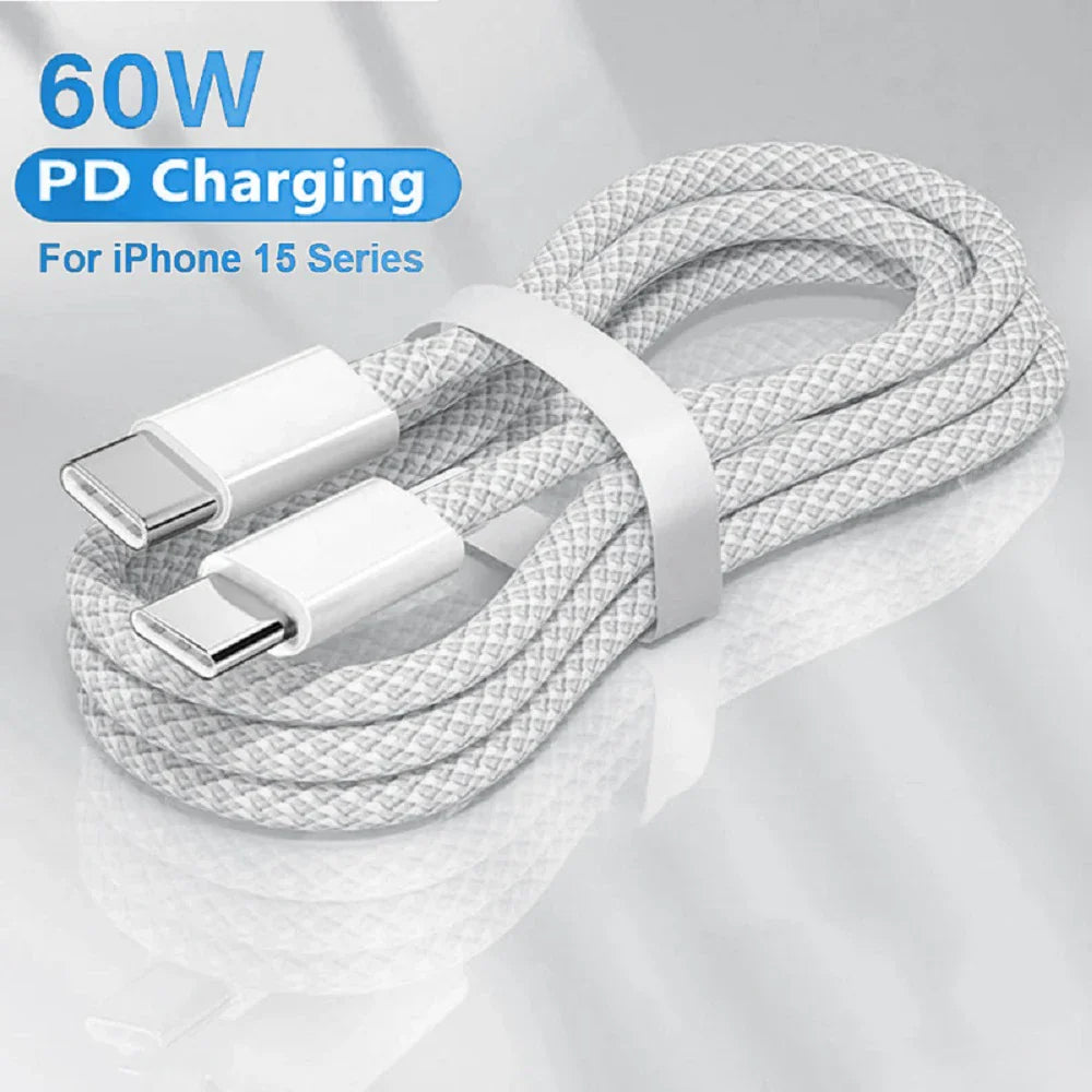 USB-C to USB-C Fast Charging Cable – 60W PD Braided Data & Charger Cable for iPhone 15, Android, Samsung, Huawei