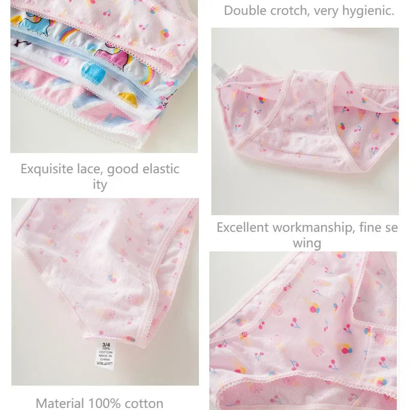 Girls 100% Cotton Cartoon Briefs - Cute Lace Trim Kids Underwear Shorts