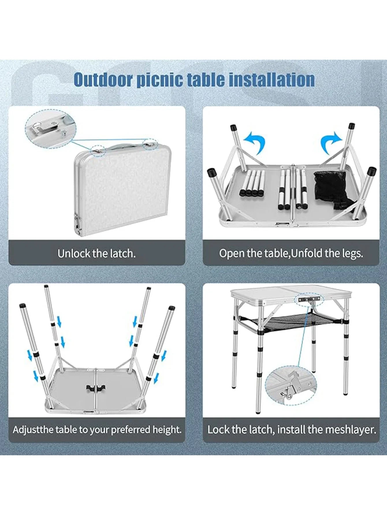 Small Folding Camping Table – Portable Lightweight Aluminum with Adjustable Height, Carry Handle & Mesh Holders for Outdoors