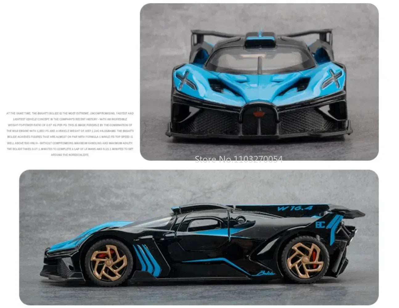 1/32 Bugatti Bolide Alloy Sports Car Model — Diecast Metal Vehicle with Sound & Light, Pull-Back Toy for Boys