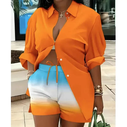 Women’s Colorful Striped Two-Piece Set – Casual Summer Button-Up Long Sleeve Shirt & Shorts Outfit
