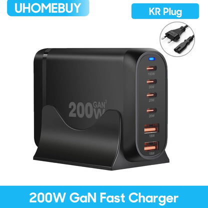UHOMEBUY 200W GaN Desktop Charger - 6-Port USB Type C with 100W PD & Quick Charge 3.0 Fast Mobile Charger