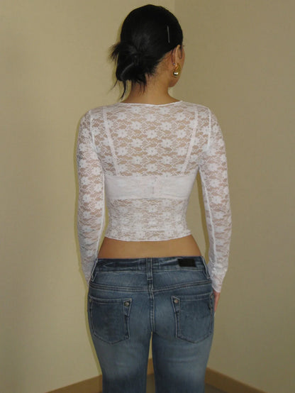 Dulzura Long Sleeve See-Through Lace Crop Top – Sexy Solid Bodycon T-Shirt for Women – Perfect for Party & Club – Autumn/Winter Fashion