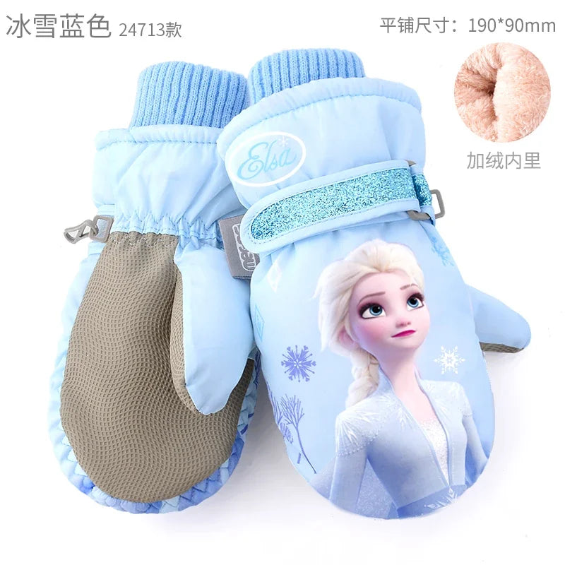 Hasbro Princess Elsa Finger Ski Gloves - Cute Kawaii Velvet, Thickened & Waterproof Gloves for Girls, Warm Winter Kids Gloves