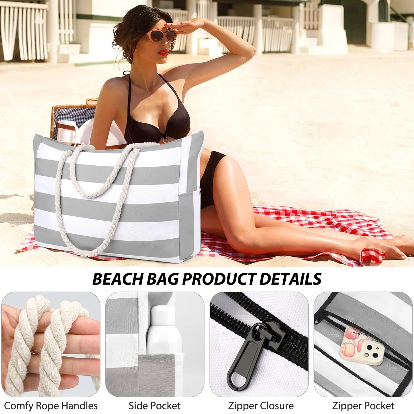 Striped Waterproof Canvas Beach Bag – Zippered Foldable Tote for Outdoor Travel and Vacation, Sand-Resistant Design