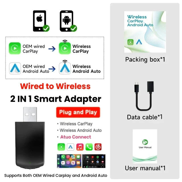 2-in-1 AI Box Mini Adapter – Wired to Wireless CarPlay & Android Auto, Plug and Play WiFi Smart Dongle, Compatible with 99% of Cars
