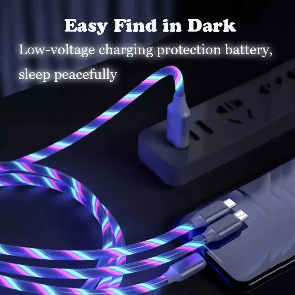 NNBILI 3-in-1 Glowing LED Fast Charging Cable – Luminous USB Type-C Charger for iPhone, Xiaomi & Phones