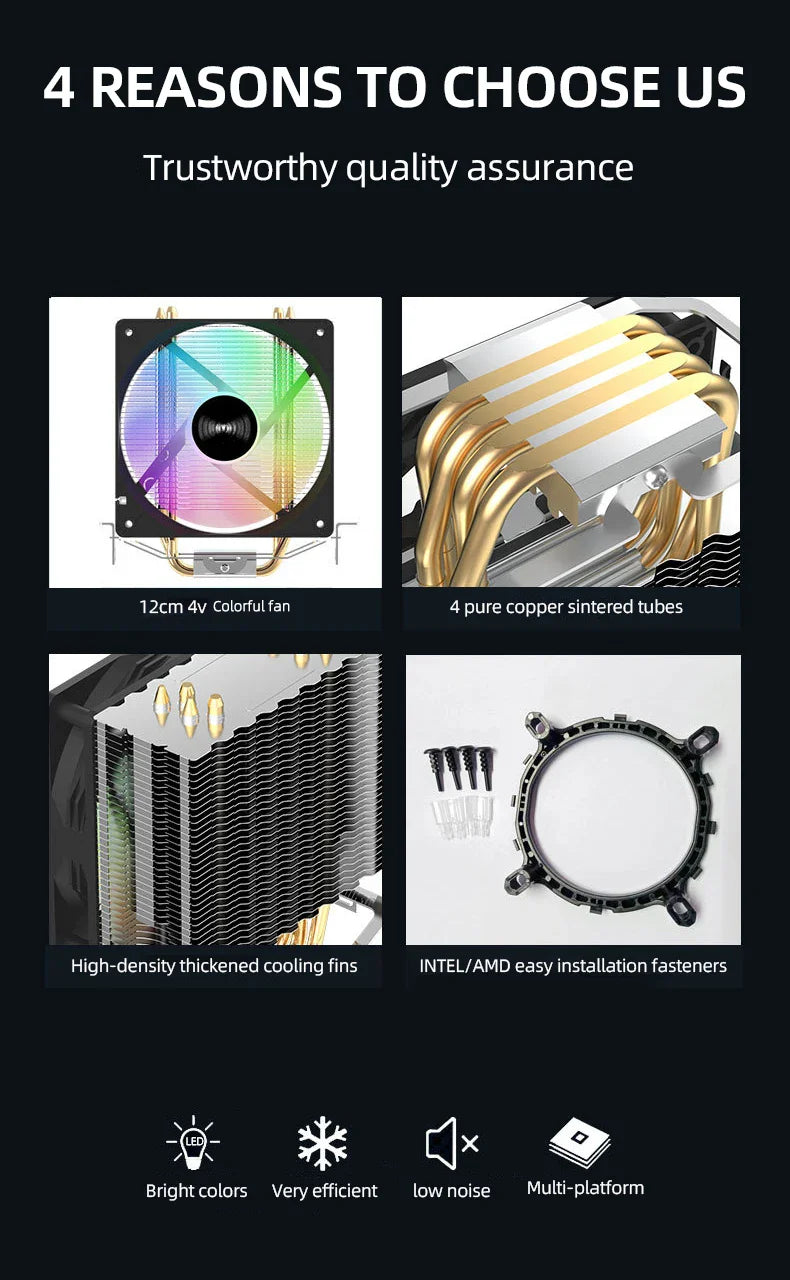 TEUCER CPU Cooler — 4 Heat Pipe Radiator with 3-Pin PWM Silent RGB Fan for Intel LGA 1700/1150/1155/1156/1366 & AMD AM2/AM3/AM4