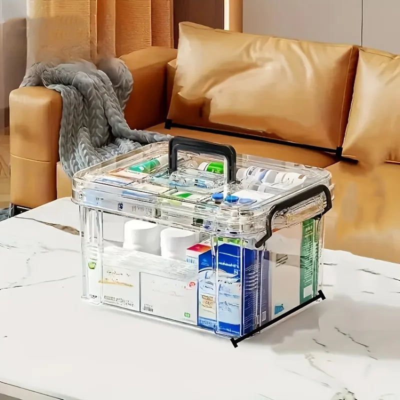 Large Capacity Double-Layer Medicine Organizer Box – Waterproof Transparent Storage for Home & Travel