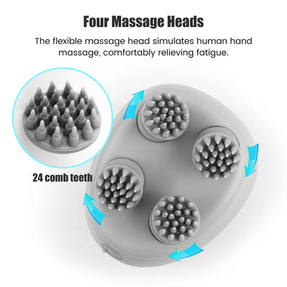 Electric Head Scalp Massager — 4 Kneading Heads for Hair Growth, Deep Tissue Relaxation & Pet Use