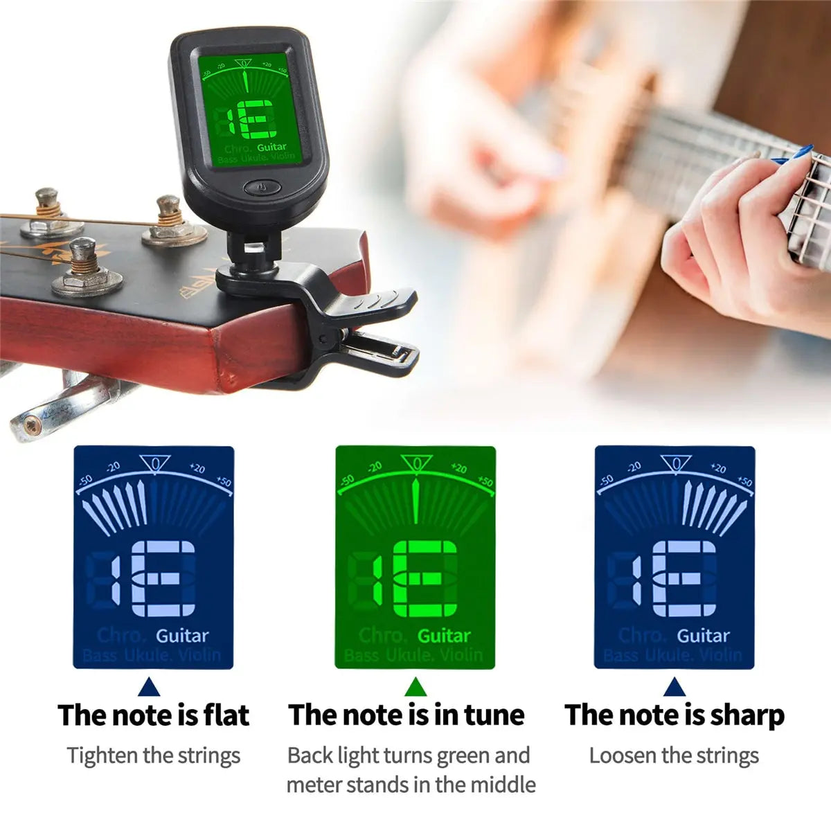 Clip-On Guitar Tuner: Electronic Tuner for Guitar, Bass, Ukulele, Violin, Mandolin, and Banjo - All Instruments