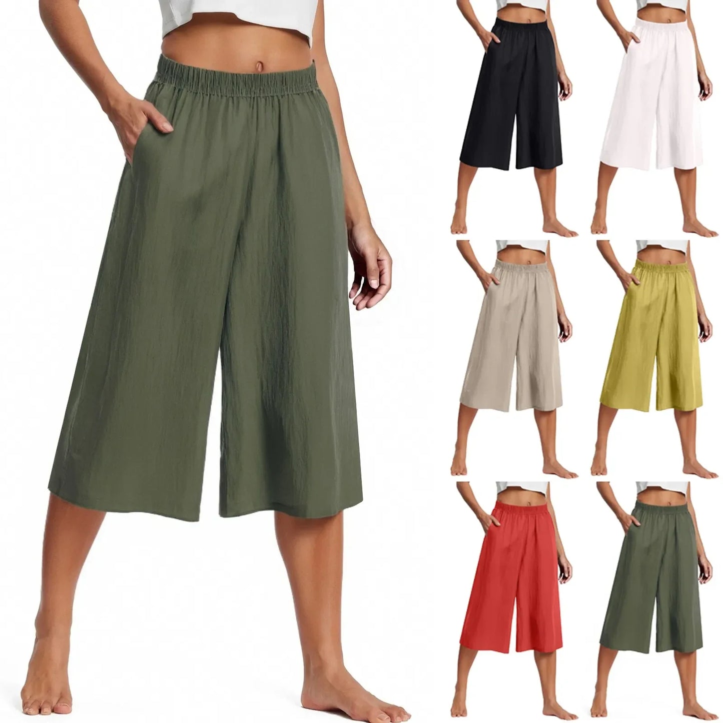 Women’s Casual Wide Leg Pants – High Waisted Loose Fit Cropped Capris with Pockets, Lightweight Lazy Style Versatile Trousers