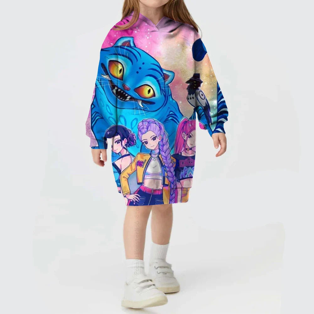 KPop Demon Hunters Hoodie Dress — Rumi Cute Cartoon Sweatshirt Pullover for Girls, Long Sleeve Autumn Y2K Sportswear