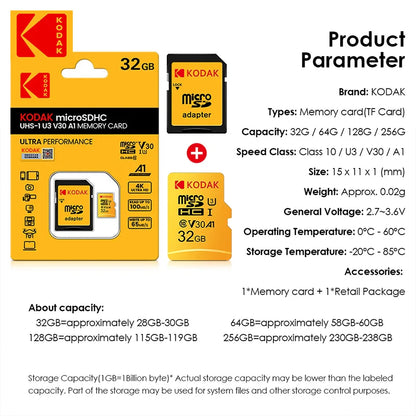 Original KODAK Micro SD Card — 32GB/64GB/128GB/256GB UHS-I U3 4K Storage